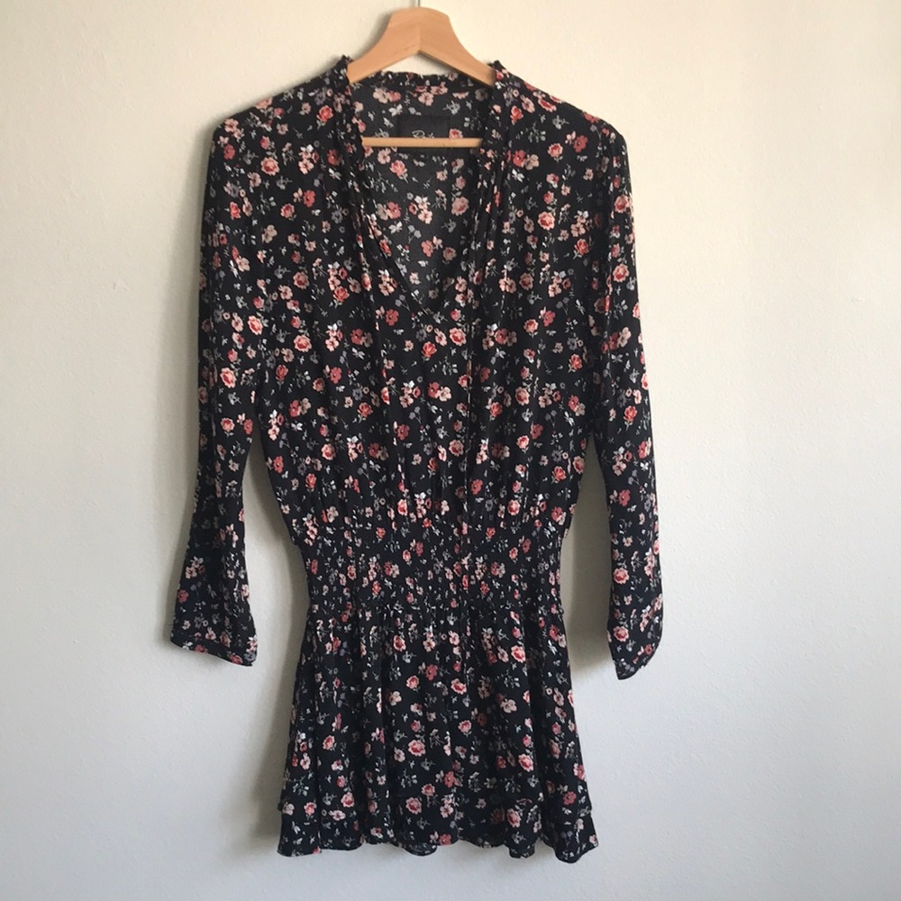 NWOT Rails Black Floral 'Romee' Pink Rose Smocked Mini Ruffle Hem Dress Size XS